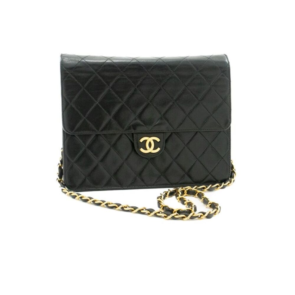 Chanel Vintage Full Flap Quilted Lambskin Black Leather Shoulder Bag Bag
